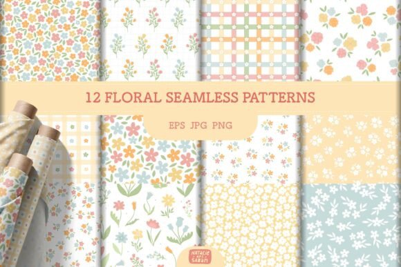 12 Floral Seamless Patterns EPS JPG PNG for Creative Designers