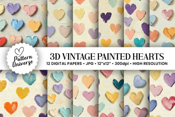 3D Vintage Painted Hearts Patterns for Creative Projects
