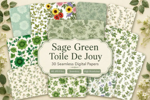 Sage Green Toile De Jouy Patterns Set